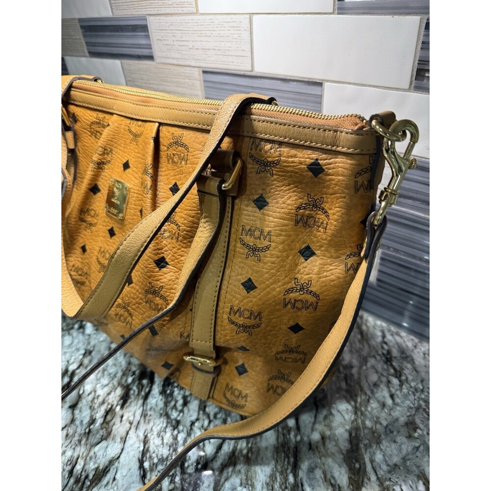 MCM Visetos Cognac 2-Way Tote EUC Fantastic Bag For Fall Plastic on Hardware - Picture 4 of 16